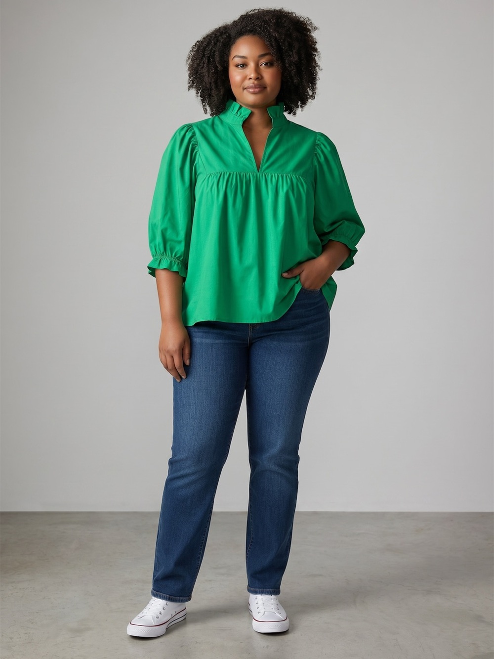 Jade Melody Tam Emerald Green Cotton Babydoll Blouse Puff Sleeve Ruffle Collar